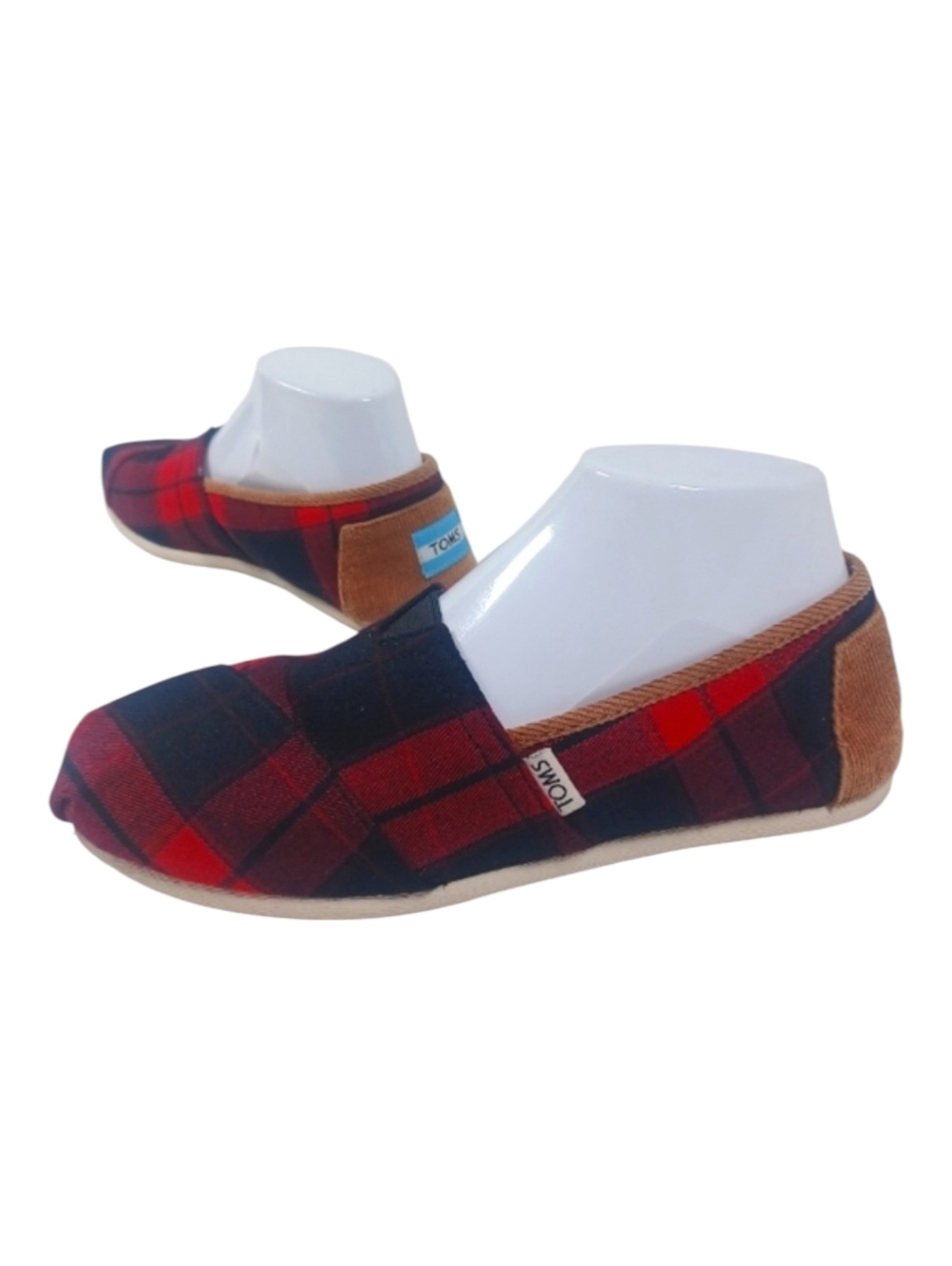 TOMS Plaid Corduroy Red Black Tan Slip On Flat Shoes Women's Size 7 EUC